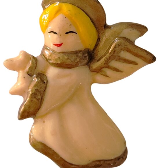 Vintage Holiday Angel Pin Brooch Gold/Ivory 2in - Picture 4 of 4